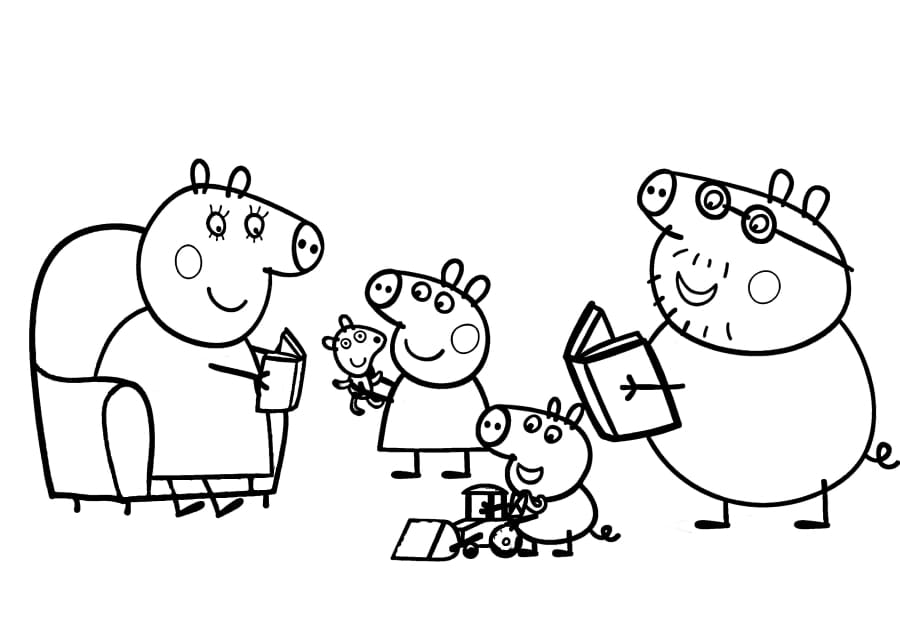Дети показывают папе Свину сделанные уроки